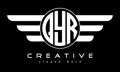 QYR three letter monogram type letter logo with wings vector template.