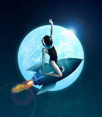 Contemporary art collage young girl flying on rocket on outer space background. Concept of astronautics, dreams, astronomy, art, Day of Human Space Flight