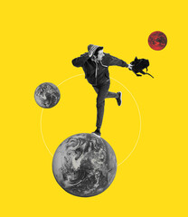 Young man, student with backpack running away from one planet to another. Contemporary art collage....