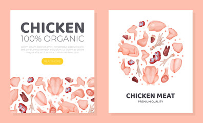 Premium quality chicken meat landing page template. Organic fresh meat assortment of butchery shop, online store website, mobile app design vector illustration