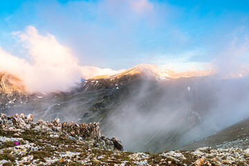 Beautiful sunrise over the peak (Peak of Bastiments, Pyrenees Mountains, Catalonia, Spain, Ulldeter)