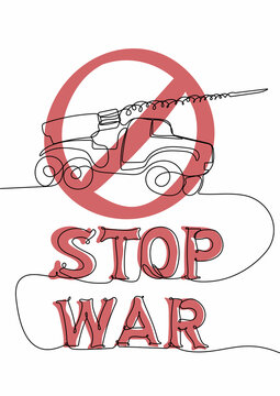 Stop war. Red STOP sign on the background of the Grenade Launcher. Anti-war concept. One continuous line drawing. Vector illustration