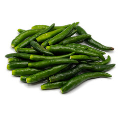 A pile of green chili pepper without stalk chili pole on white background. spot focus.