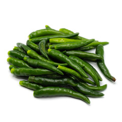A pile of green chili pepper without stalk chili pole on white background. spot focus.