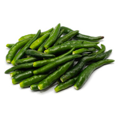 A pile of green chili pepper without stalk chili pole on white background. spot focus.