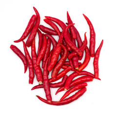 A pile of Red Serrano Chile Peppers without stalk chili pole on white background. spot focus.