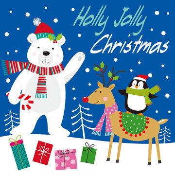 christmas card with polar bear, reindeer and penguin