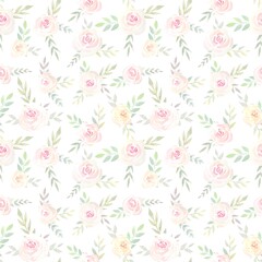 Delicate natural floral watercolor seamless pattern with roses. Botanical illustration