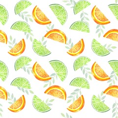 Seamless pattern with watercolor lime and orange slices