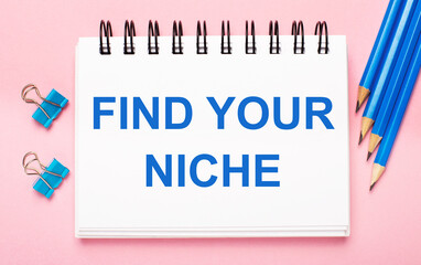 On a light pink background, light blue pencils, paper clips and a white notebook with the text FIND YOUR NICHE