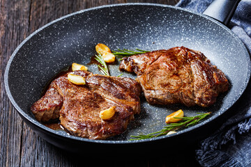 fried juicy chuck eye beef steaks, top view