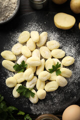 Concept of cooking with raw potato gnocchi, top view