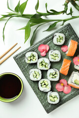 Concept of tasty food with sushi, top view