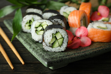 Concept of tasty food with sushi, close up