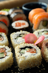 Concept of tasty food with sushi, close up