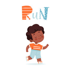 The kid runs or participates in running competitions. A cute child is engaged in athletics. The concept of sports, school activities for children