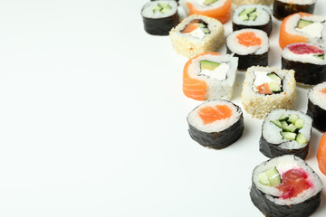 Concept of tasty food with sushi, space for text