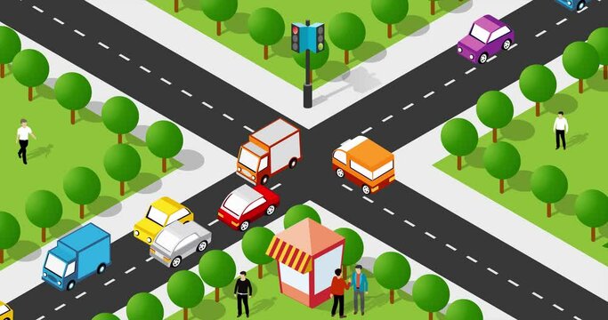 Isometric Crossroads city animation intersection of streets of highways with traffic cars standing in jam. Cars moving graphics footage