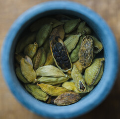 close up on cardamom seeds in a bowl