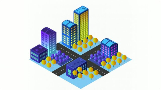The night smart city animation motion 3D future neon ultraviolet set of urban infrastructure isometric buildings.