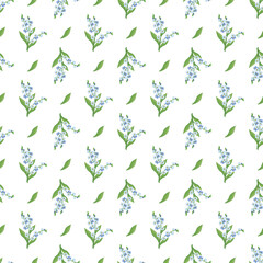 Seamless pattern with small blue forget me not flowers and leaves. Field flowering plants. Romantic decoration print for wedding and design. Vector flat illustration