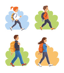 Friendly family with backpacks in nature. Father, mother, son and daughter. Hiking tourist. Active healthy rest. Vector cartoon illustration set