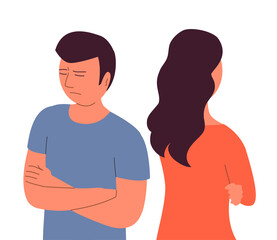 Fototapeta premium The young man and woman quarrel. Family couple. Sad face. Hurt feelings and anger. Flat vector illustration isolated on white background
