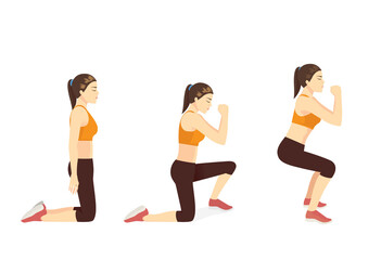 Women doing exercise with Knee to squat. Workout diagram for reducing fat on Hip, and upper leg.
