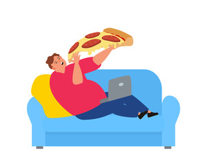 gluttony fat man eating large slice of pizza