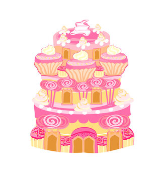 Multicolored cake castle art - isolated fairy tale illustration