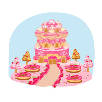 Multicolored castle candy land - fairy tale illustration