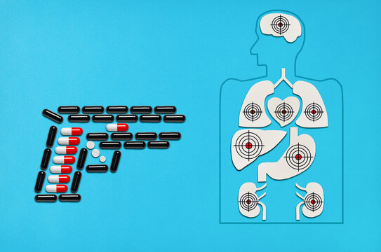 Illustration of side effects of drugs. Damage from self-medication