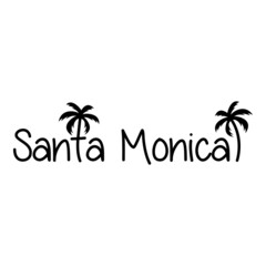 Santa Monica Beach. Destino de vacaciones. Banner con texto Santa Monica con letra con forma de silueta de palmera en color negro