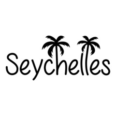 Fototapeta premium Seychelles Beach. Destino de vacaciones. Banner con texto Seychelles con letra con forma de silueta de palmera en color negro