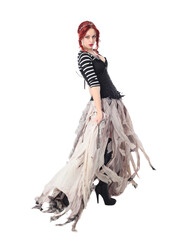full length portrait of girl with red hair wearing black corset , torn gothic fantasy gown and...