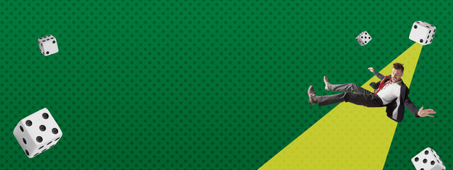 Contemporary art collage. Surrealism. Falling young man on bright yellow background. Gambling, addiction, betting and winning