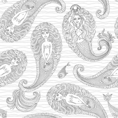 Vector Nautical seamless pattern, paisley ornament from silver grey doodle mermaid and fish on a wavy background. Adults coloring book page