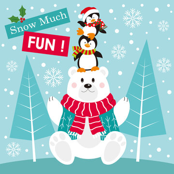 christmas card with polar bear and penguins