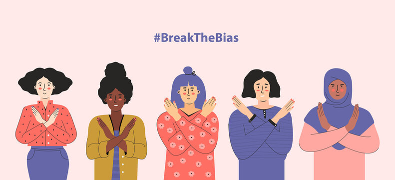 Break the bias. Woman's international day 8th march. IWD. Women with different skin color and ethnic groups cross their arms on their chest. Choose To Challenge. Horizontal poster, banner.