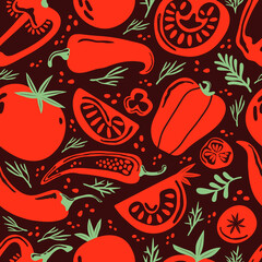 Seamless pattern doodle vegetables on dark background. Red and green pepper, hot chili, tomatoes, jalapeno, paprika, seeds, herbs. Vegetables cut half, piece. Farm products. Hand drawn illustration.