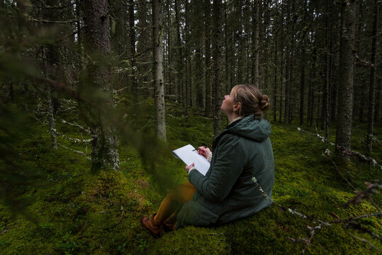 Woman sits in mossy green forest with sketch pad 