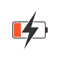 Red charging battery icon isolated flat design vector illustration.