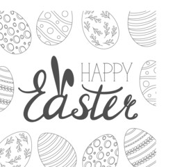 Happy Easter greeting card in Doodle style with calligraphic inscription and eggs. Happy Easter lettering. Hand drew easter elements wreath eggs in the white background. Vector illustration.