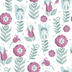 Obraz na płótnie Canvas Floral ornament with green leaves, pink and blue flowers on a white background. Seamless pattern for postcard, packaging, wrapping, scrapbooking, wallpaper, design, decoration. Vector illustration.