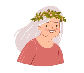 Senior woman in a floral wreath. Elderly lady wearing a flower hair decoration. Vector portrait