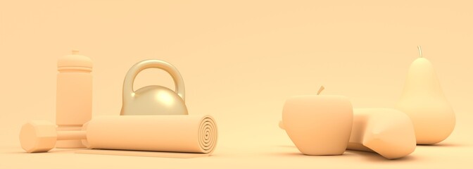Gym training and home exercising and fitness equipment. Dumbbells, bob, yoga mat and bottle. Tools for healthy lifestyle and fruits collection. Apple, banana and pear. 3D render
