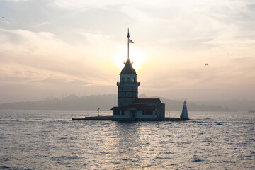Maiden's Tower or Kiz Kulesi and Foggy weather with cityscape of Istanbul