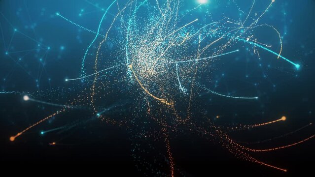 Technical A.I. title is disintegrating in particle firework with blurry plexus background, artificial intelligence text is dissolving into thin air, marking the begin of a technocratic era