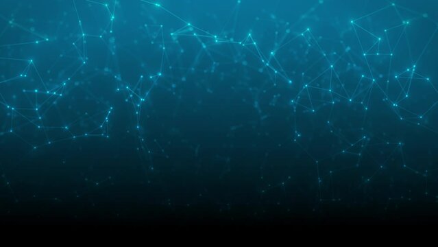 Looping dark blue Plexus animation background with glowing abstract digital lines and blurry depth of field, vignette effect and spot in the middle to display information
