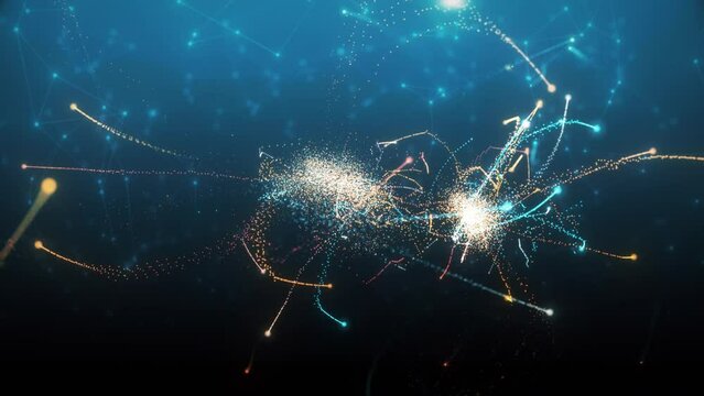 Corona title is disintegrating in particle firework with blurry plexus background, text is dissolving into thin air, marking the end of the pandemic and restrictions and transition to endemic